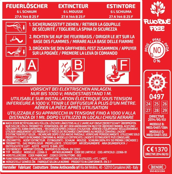 EMME ABF Feuerlöscher Fluorfrei 6 Liter Dauerdruck