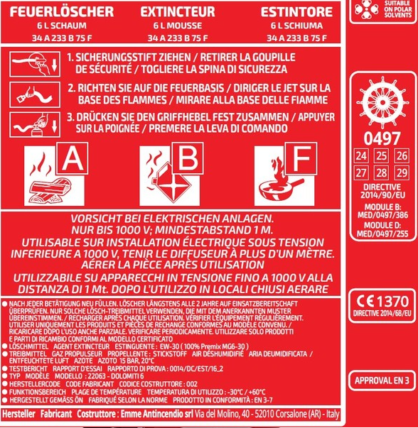 EMME ABF Feuerlöscher 6 Liter Frostsicher bis -30 Grad